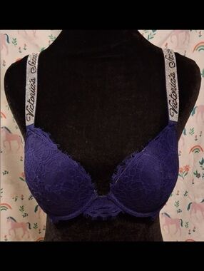 EUC Victoria's Secret VS Purple Lace & Silver Bling Sexy Push-Up Bra SZ 34B